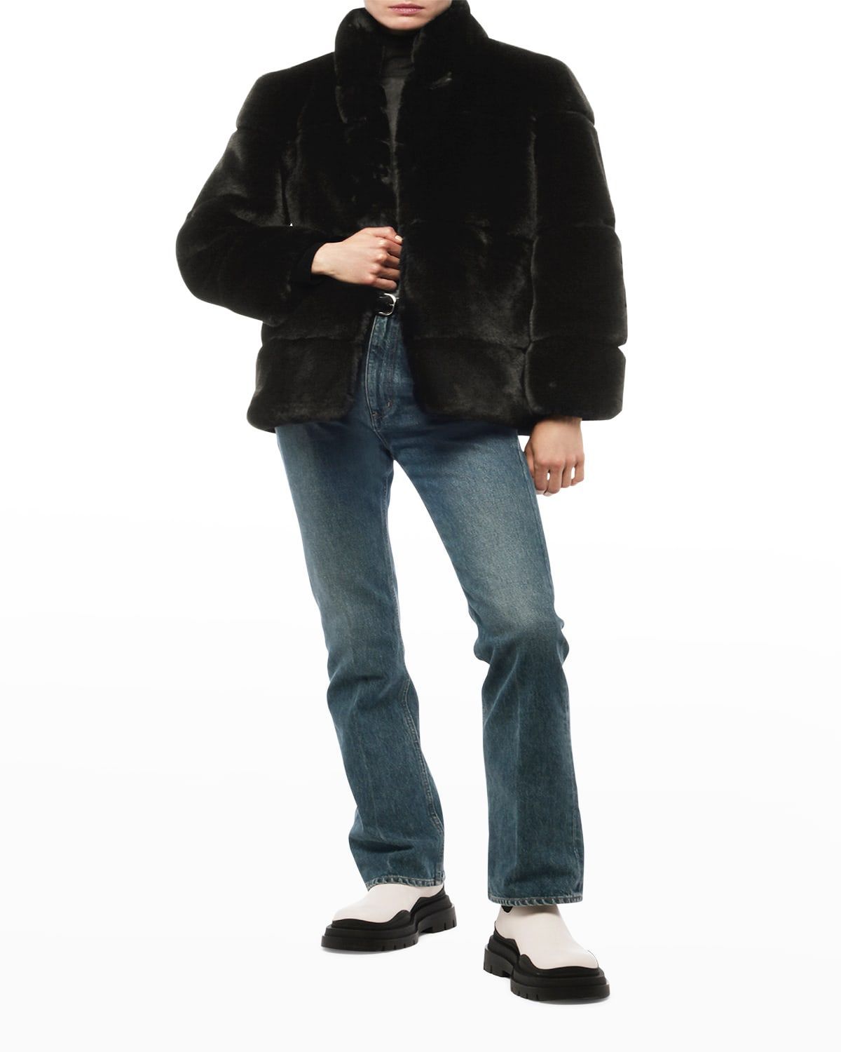 Apparis Skylar Faux Fur Tiered Short Coat in Black | Stylemi