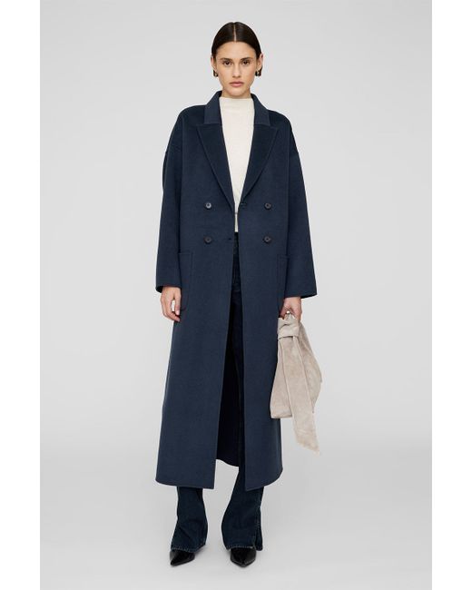 Anine Bing Dylan Maxi Coat in Navy Cashmere Blend Azul Escuro