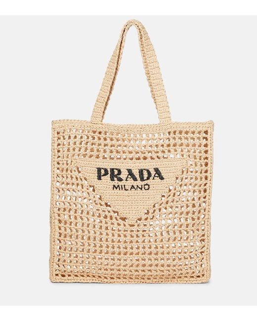 Shop Prada Raffia Tote Bag with Logo