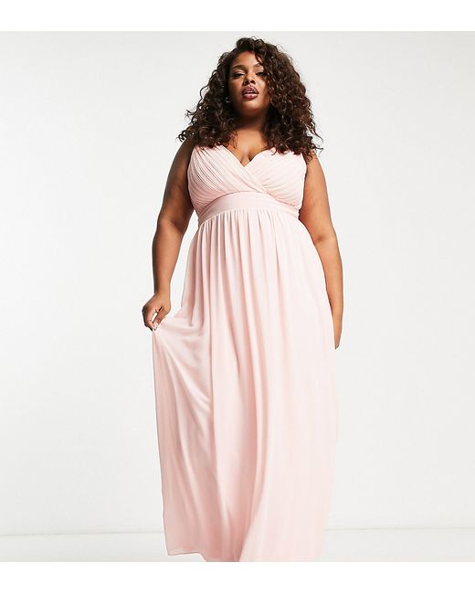 TFNC Maternity Bridesmaid chiffon v front midi dress with pleated skirt in whisper  pink