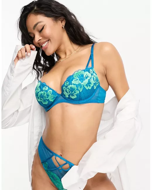Ann Summers Inspired lace longline padded plunge bra in aqua