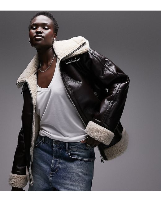 Topshop Tall faux leather shearling zip front oversized aviator jacket with  double collar detail in chocolate- Brown