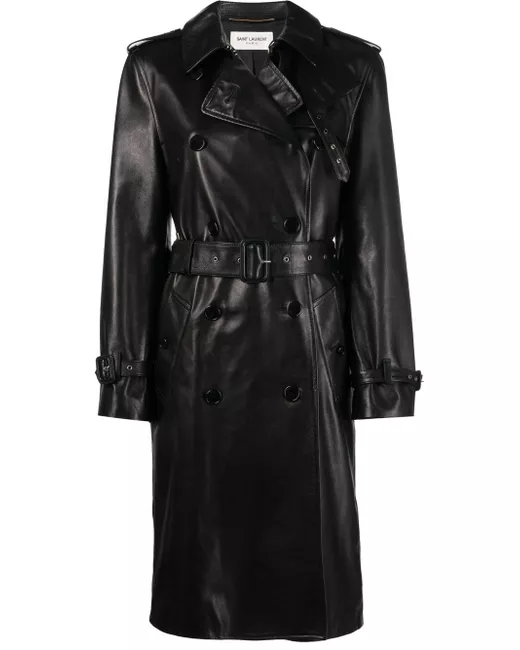 Saint Laurent double-breasted leather trench coat in Black | Stylemi