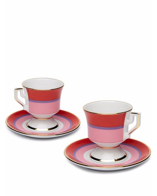 Set of two gold-plated painted porcelain espresso cups and saucers