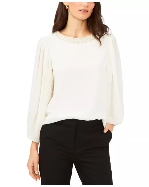 Msk Embellished-Neck Balloon-Sleeve Top in White | Stylemi