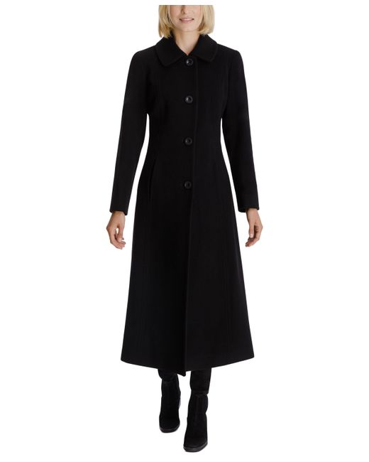 AK Anne Klein Single-Breasted Maxi Coat in Black | Stylemi