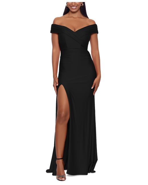 Xscape Off-The-Shoulder Fit Flare Dress in Black | Stylemi