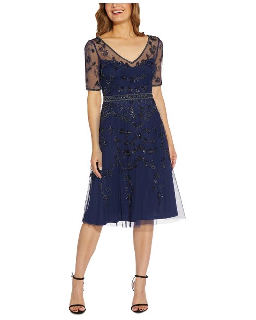 Adrianna Papell Papell Studio Embellished Midi Dress in Dark Blue | Stylemi