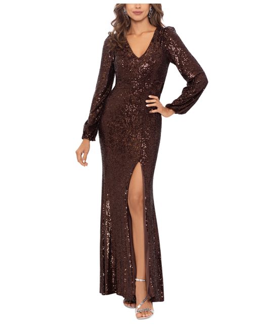 Xscape Women's Sequin Satin Gown In Taupe/Stone At