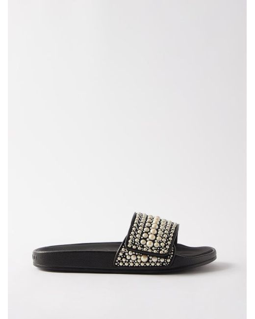 Jimmy Choo Fitz Pearl-embellished Slides in Black | Stylemi