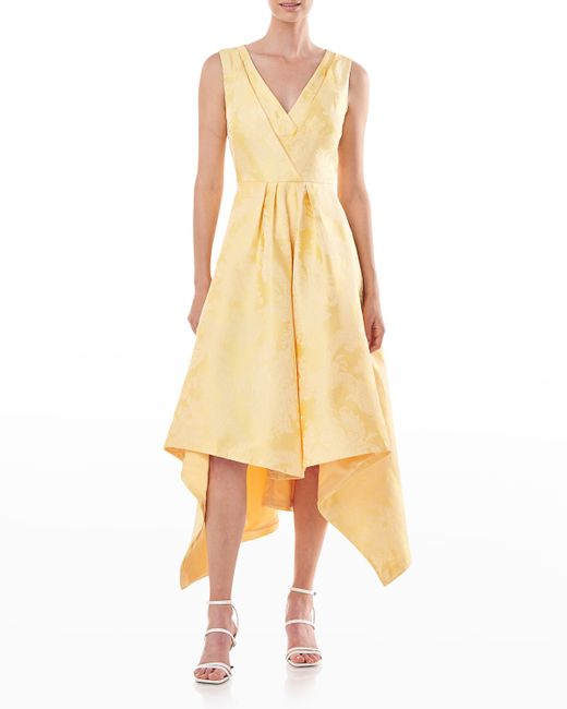 Kay Unger New York Pleated Floral Jacquard Handkerchief Dress in Golden ...
