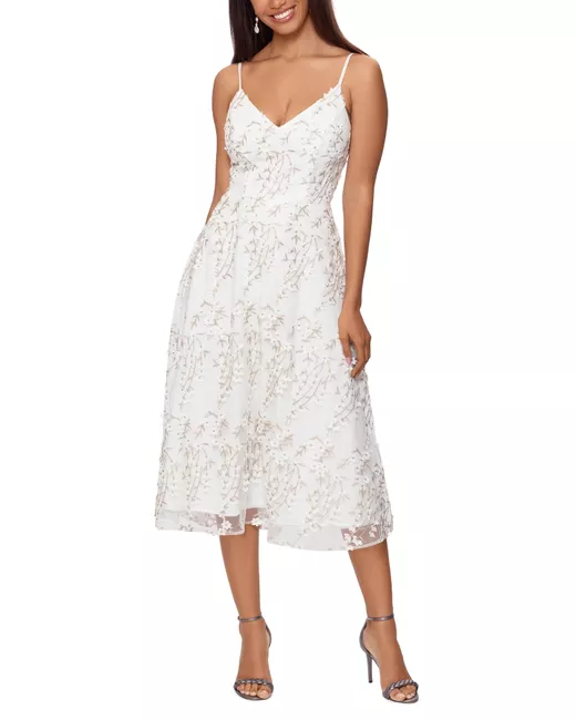 Xscape Metallic Floral Lace V-Neck Cocktail Midi Dress Ivory in Golden ...