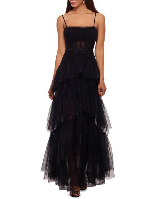 Betsy & Adam V-Neck Cascade Ruffle High-Low Gown in at in Dark Blue ...