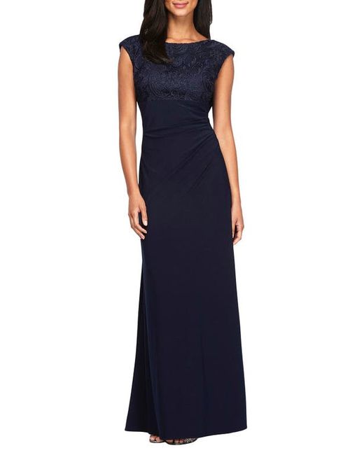 Alex Evenings Brocade Bodice Empire Waist Gown in at in Dark Blue | Stylemi