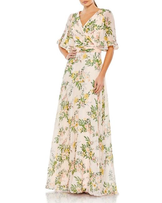 Ieena for Mac Duggal Butterfly Sleeve Floral Print Gown in at in Black