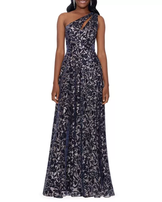 Betsy & Adam One-Shoulder Metallic Floral Print Cutout Gown in Navy ...