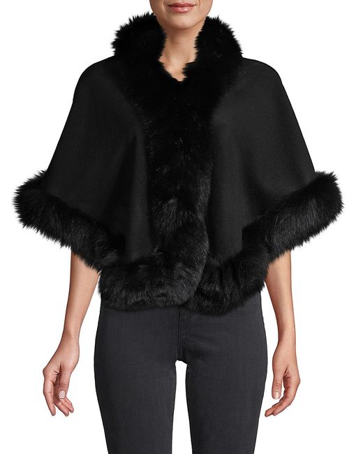 Belle Fare Cashmere Fox Fur-Trim Cape in Black | Stylemi