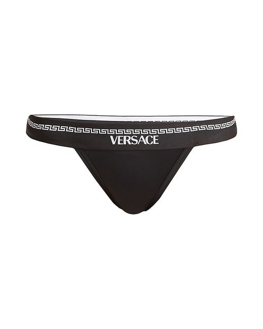 Versace Greek Key Logo Thong in Black | Stylemi