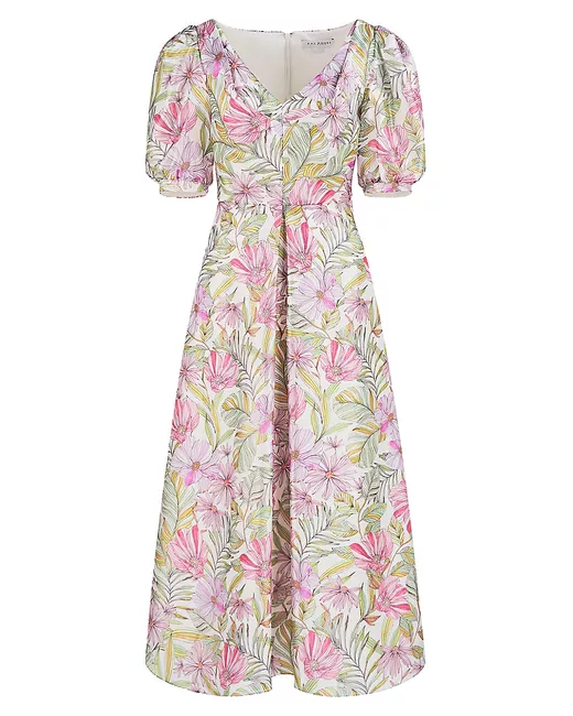 Kay Unger New York Women's Pleated Floral Jacquard Handkerchief Dress