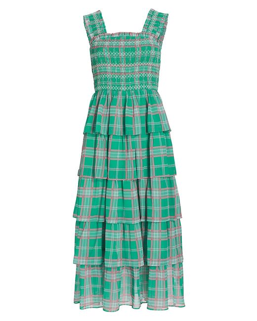 English Factory Smocked Gingham Midi Dress in Multicolor | Stylemi